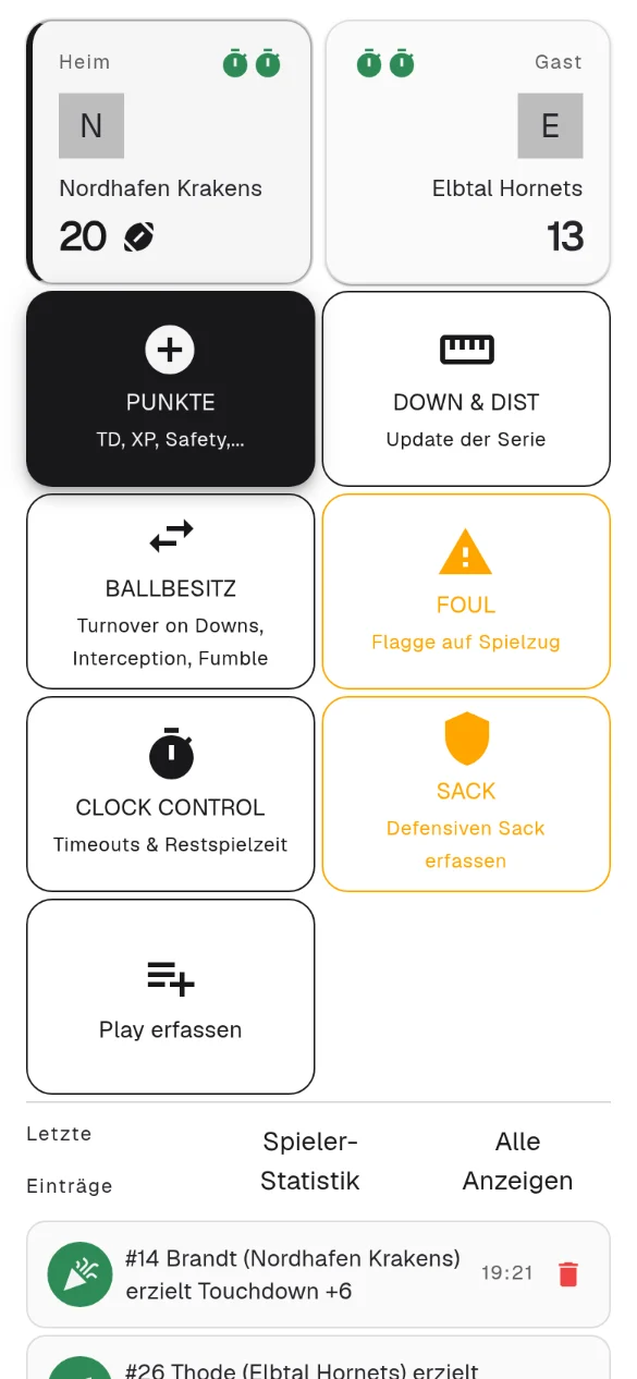 Live-Scorecard auf dem Handy: Nordhafen Krakens 20, Elbtal Hornets 13, unten als letzter Eintrag der Touchdown von #14 Brandt für die Krakens