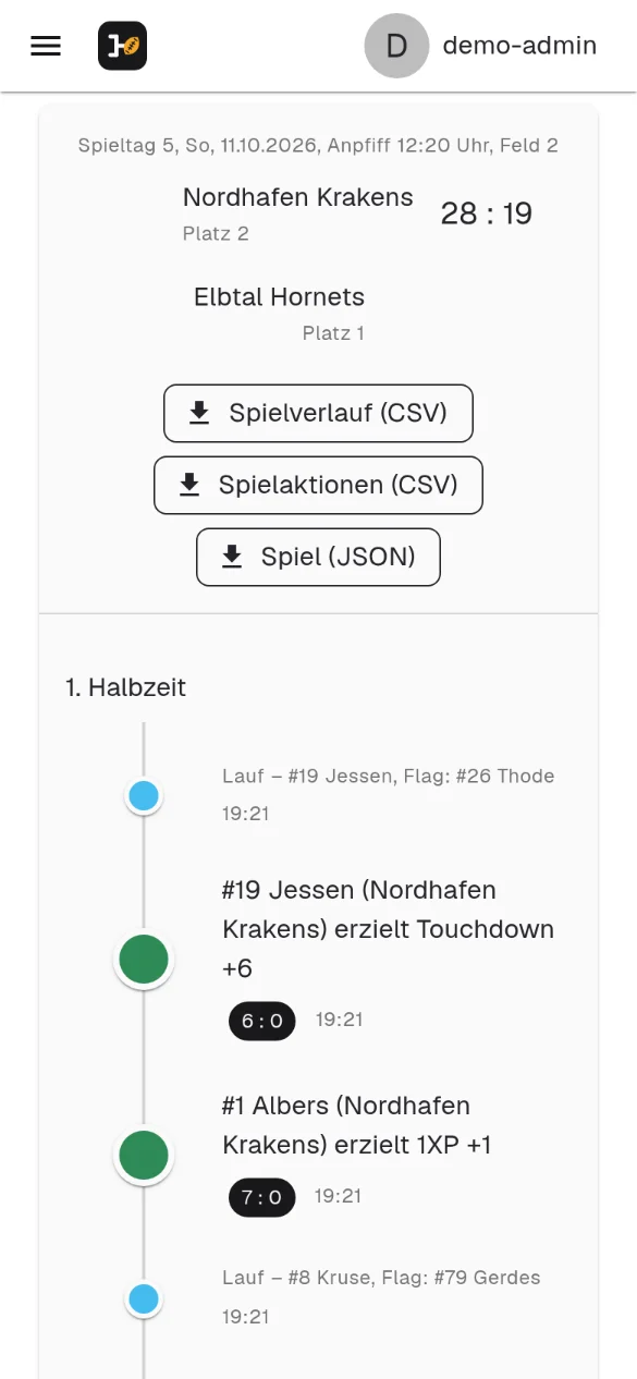 Spielbericht auf dem Handy: Nordhafen Krakens gegen Elbtal Hornets 28 zu 19, in der Tabelle die Krakens noch auf Platz 2 und die Hornets auf Platz 1, darunter der Spielverlauf