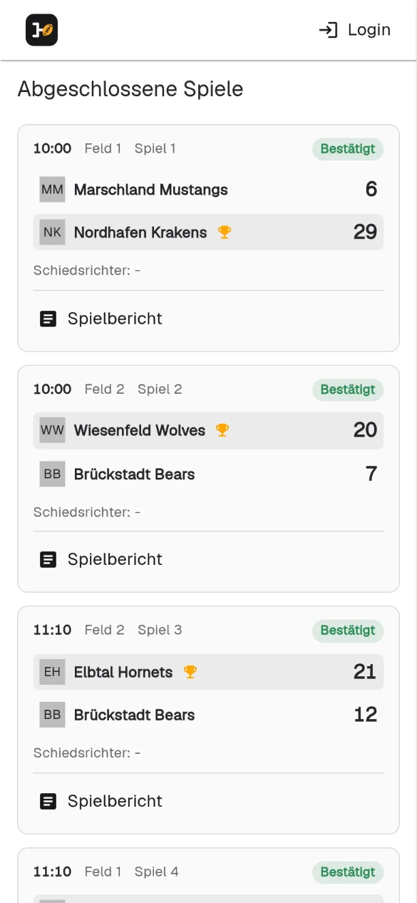 Spieltag 5 der Demo-Liga auf dem Handy: abgeschlossene Spiele mit bestätigten Ergebnissen, Feld und Anstoßzeit